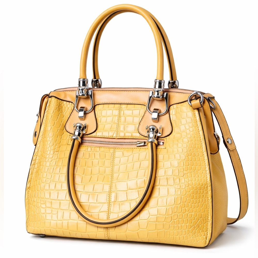 Vegan leather Mustard Yellow Croc-Embossed Satchel Handbag w/Shoulder Strap